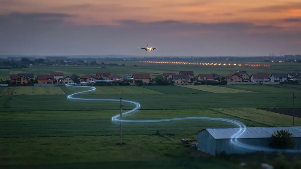 Verkehrsflugzeug im Endanflug über Feldern und Dächern in der Abenddämmerung, Fluglärm bei Otopeni und Balotești