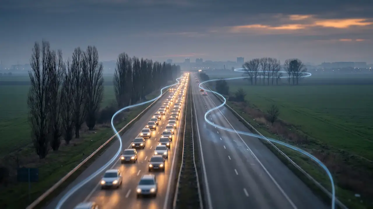 Mehrspurige Fernstraße im nebligen Morgengrauen mit Reihen von Autoscheinwerfern zwischen Feldern und Stadt: der Pendelweg von Balotești nach Bukarest auf der DN1