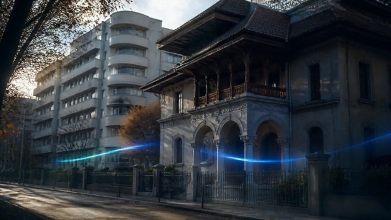 A Neo-Romanian villa with arcades and a tiled roof next to an interwar modernist block in Bucharest