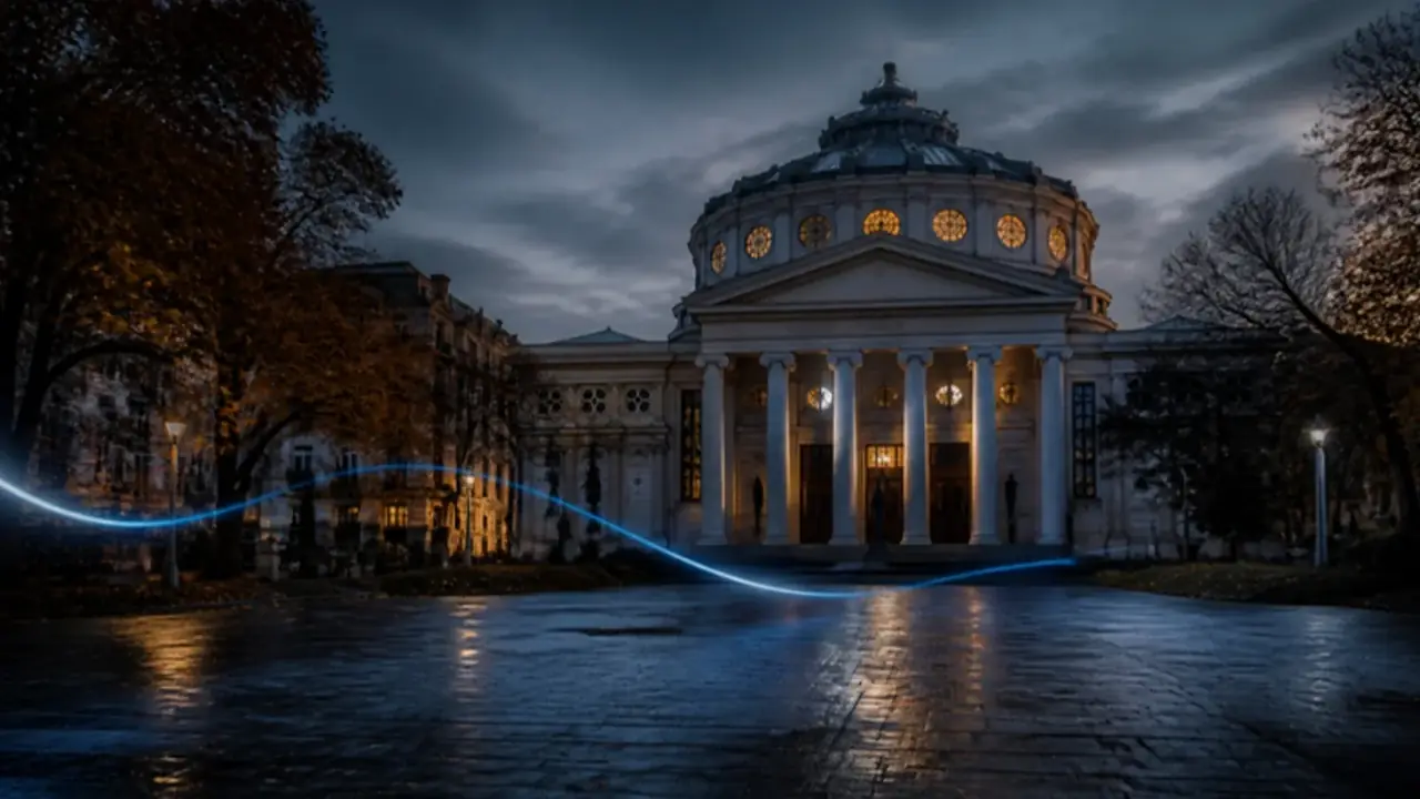 The Romanian Athenaeum in Bucharest at dusk