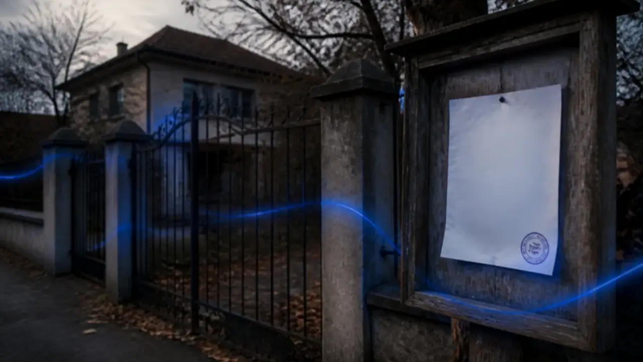 A Romanian town hall notice board with a sale notice next to a closed house gate