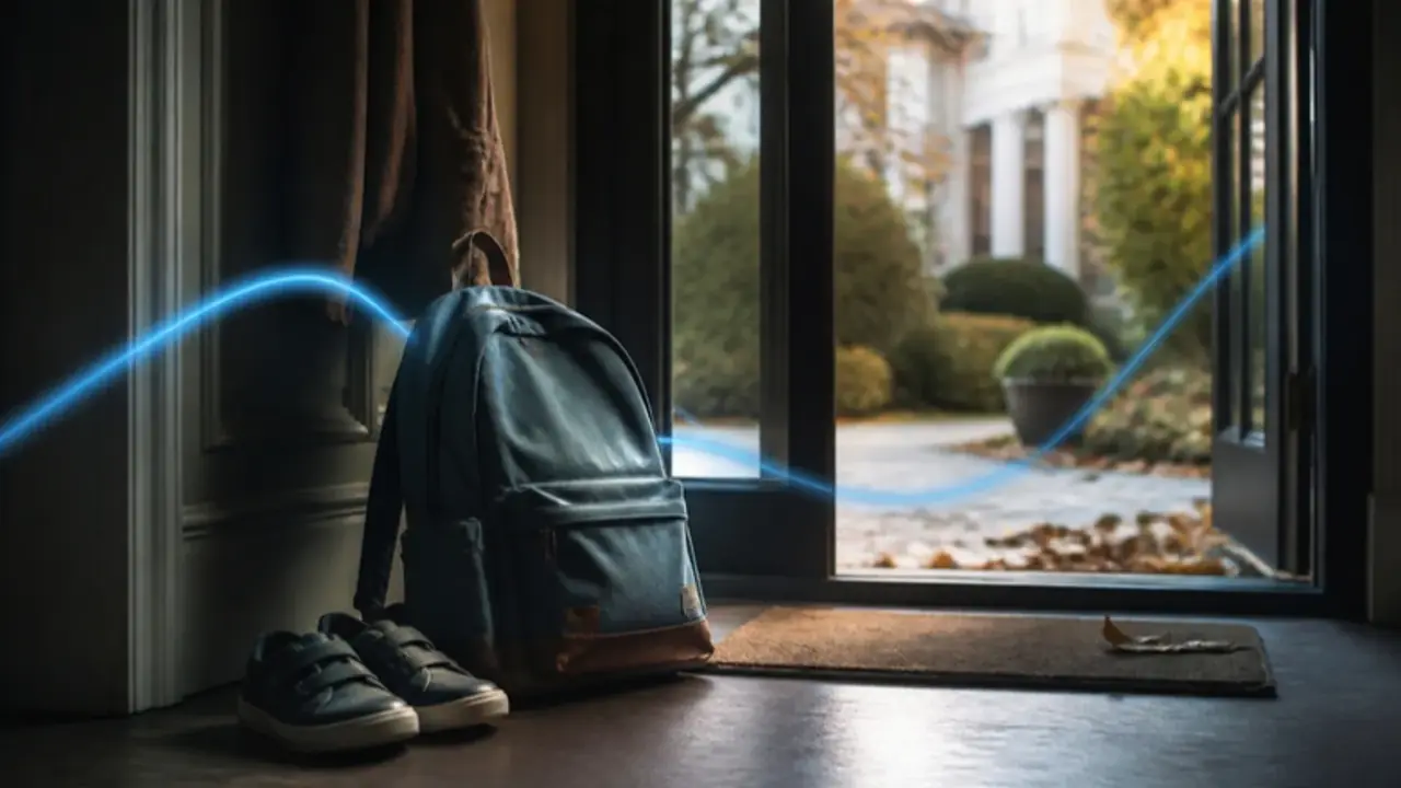 Un cartable et des chaussures d'enfant près de la porte d'une maison familiale près de Bucarest