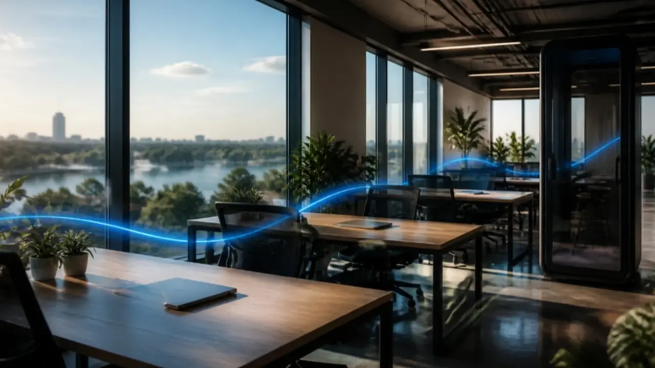 Eine leere Coworking-Etage mit Schreibtischen und Pflanzen in einem gläsernen Bürogebäude im Norden Bukarests