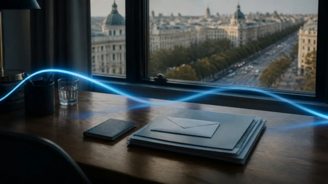 An envelope with bank documents and a passport on a desk, a Bucharest street in the background