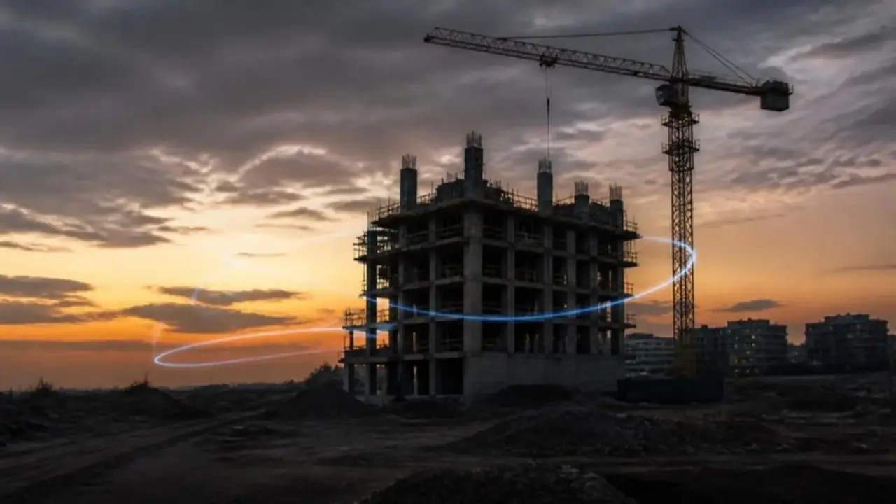 A half-built residential building and a crane at dusk