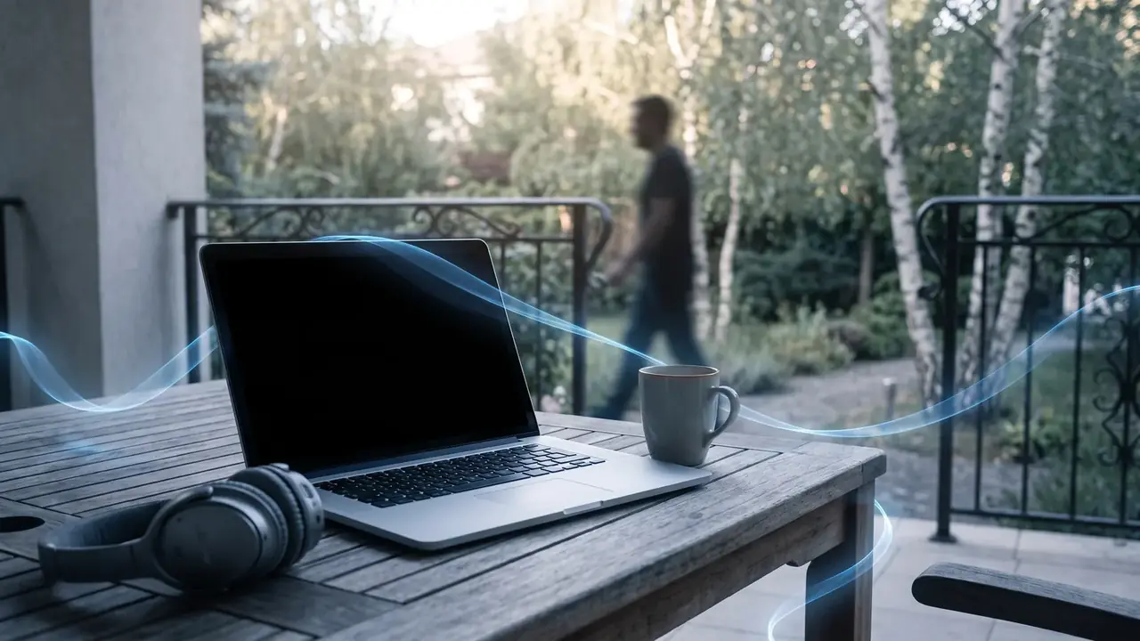 Aufgeklappter Laptop und Kaffeetasse auf einem Terrassentisch mit Blick auf einen grünen Garten, zum Visum für digitale Nomaden in Rumänien