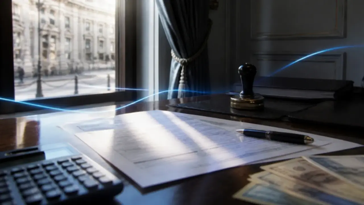 A notary's desk with a land book extract, an urbanism certificate, lei banknotes and a calculator