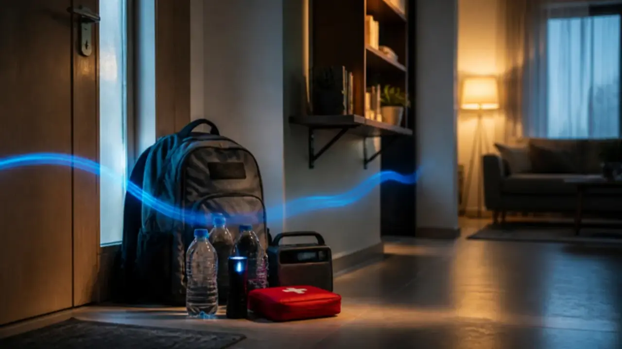 An emergency backpack with water, a torch and a radio by the front door of a home in Bucharest