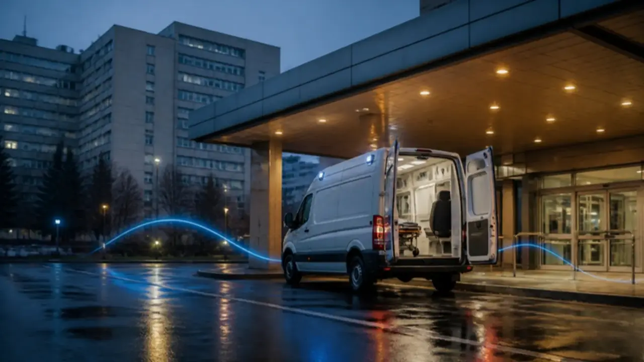 An ambulance bay at a Bucharest emergency hospital at dusk