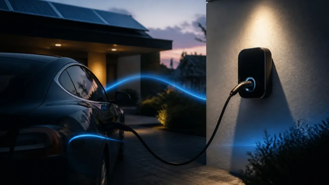 Wallbox an der Wand eines Carports einer Villa, das Ladekabel steckt in einem Elektroauto