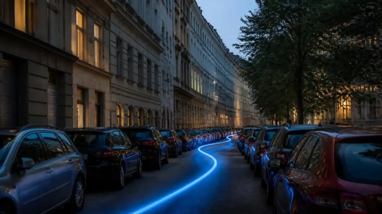 A narrow street lined with parked cars