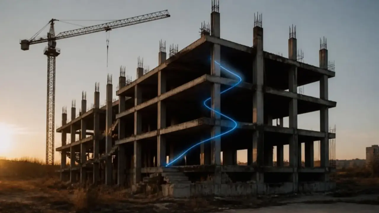 An abandoned concrete skeleton with a crane