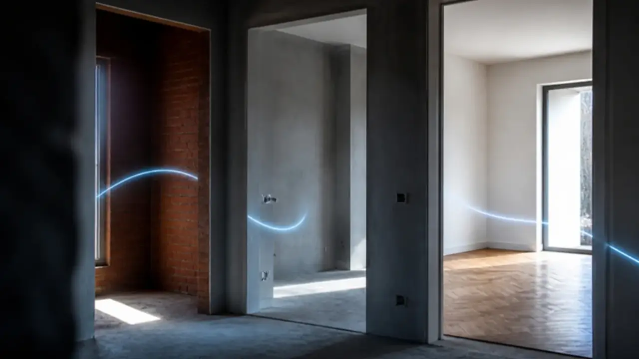 Three rooms in a new villa: bare brick, grey plastered walls, and a finished room with parquet