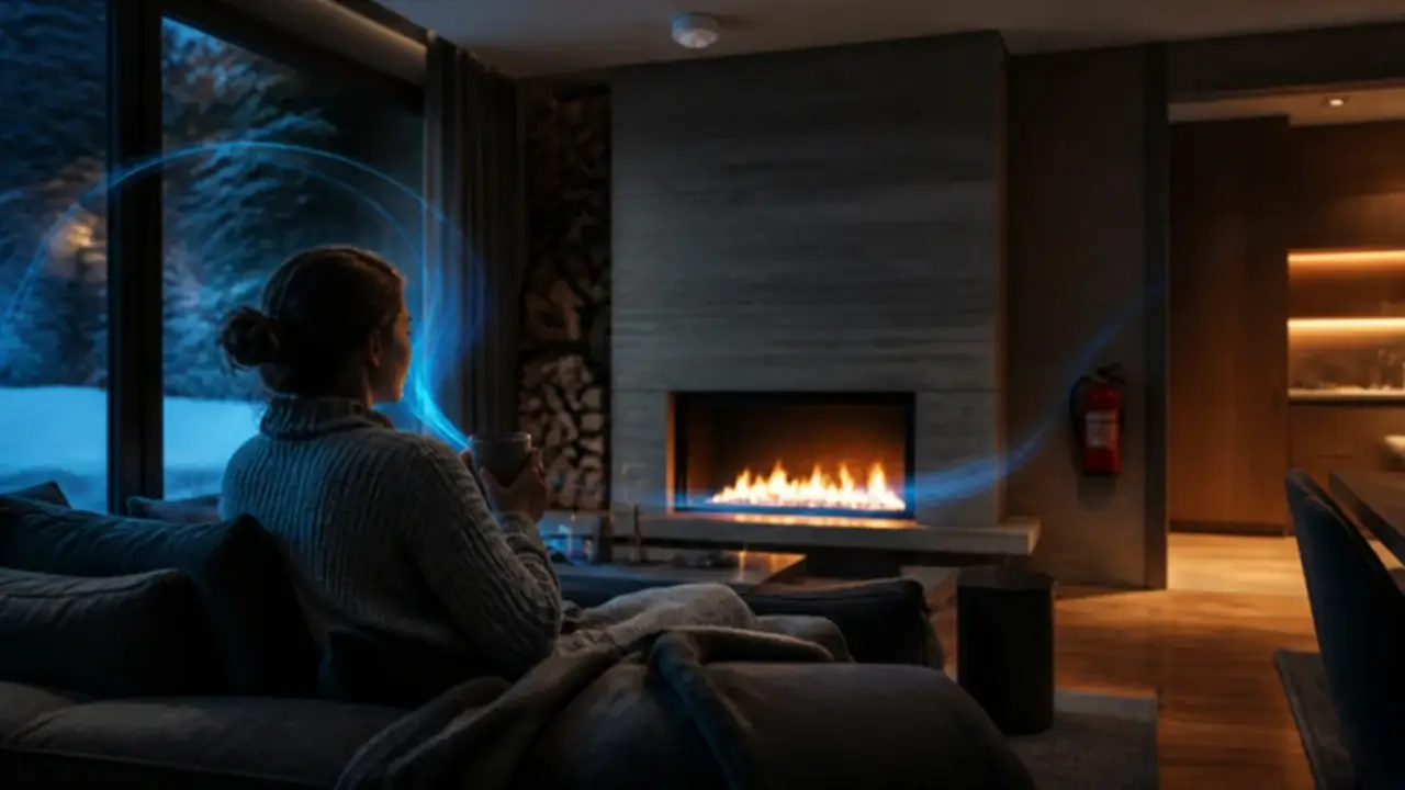 Wohnzimmer einer Villa mit Holzkamin, Rauchmelder an der Decke und Feuerlöscher an der Wand
