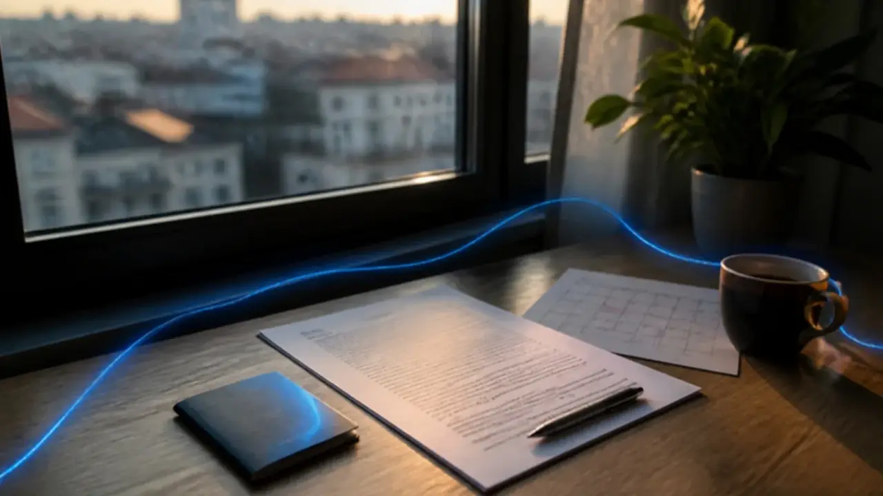 A desk with a passport, a lease and a calendar by a window in a Bucharest apartment