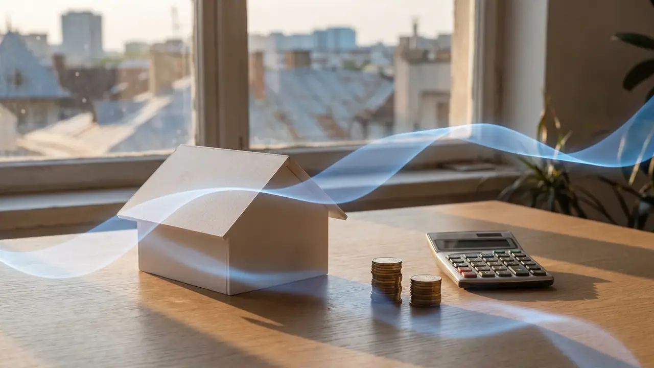 Une calculatrice et une petite maquette de maison blanche sur un bureau près d'une fenêtre, taux fixe ou variable pour un crédit immobilier en Roumanie