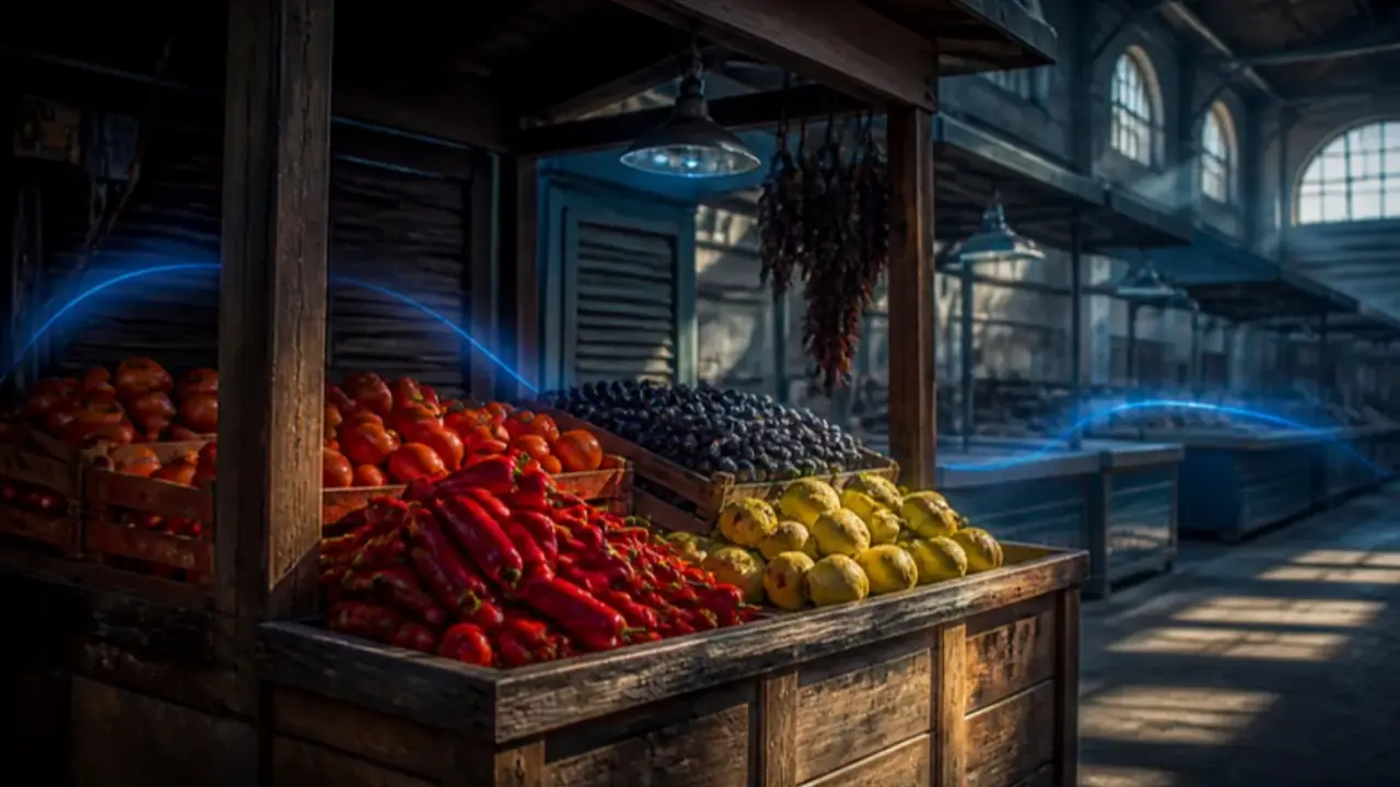 Stalls of tomatoes, peppers and grapes in a covered food market in Bucharest in early autumn
