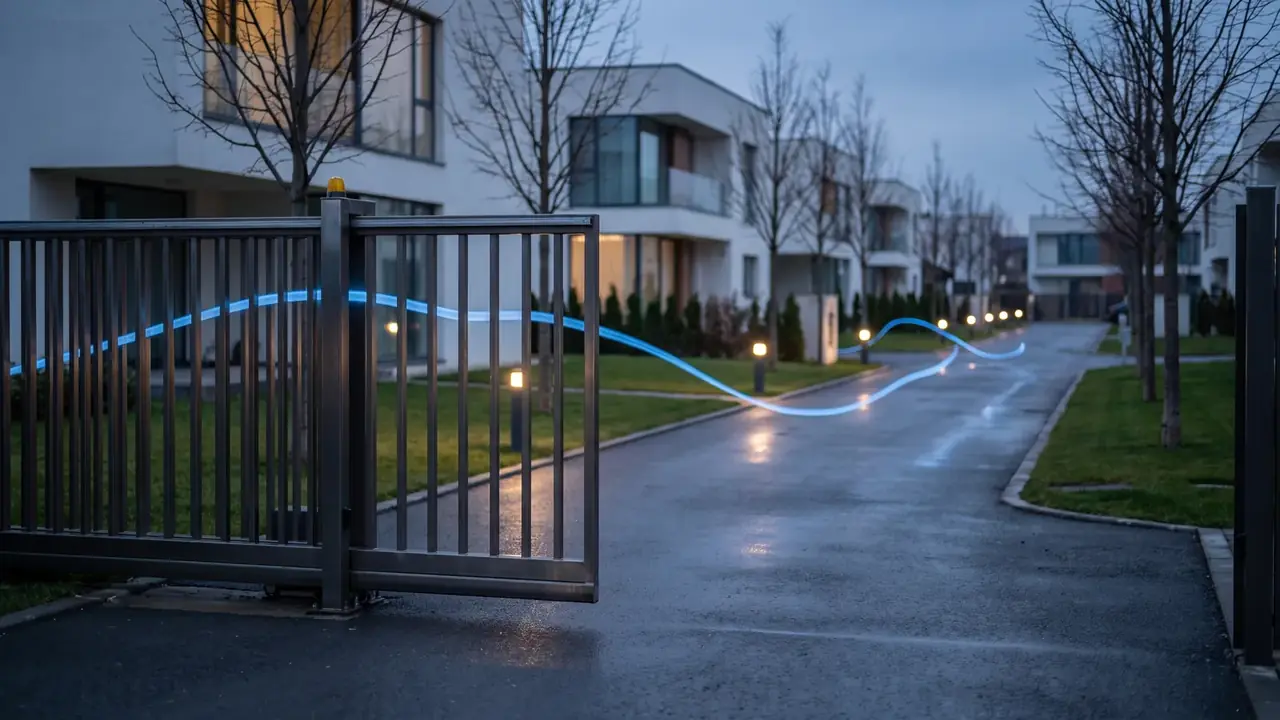 Portail d'entrée métallique ouvert sur une rue privée bordée de villas et d'espaces verts communs, résidence fermée de villas en Roumanie