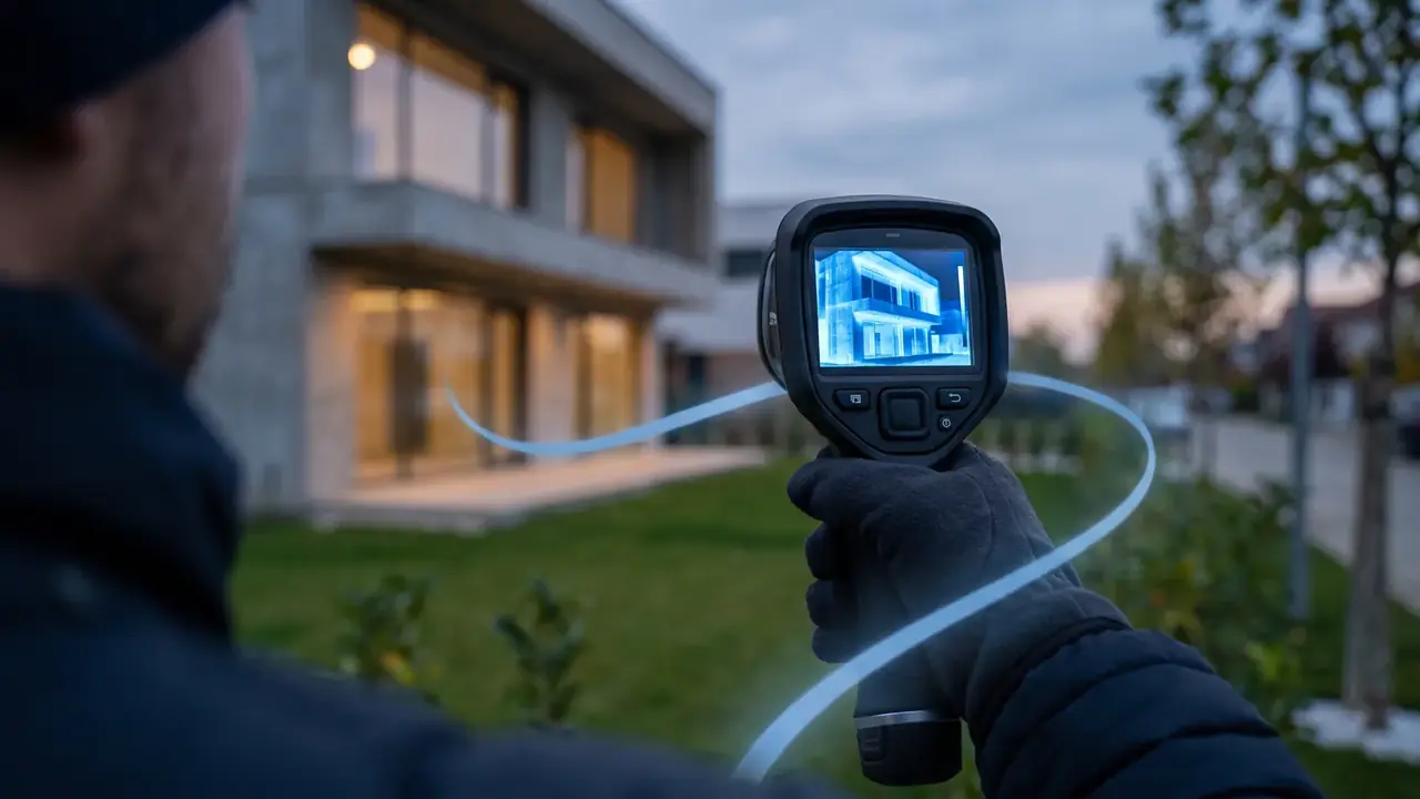 Wärmebildkamera, gerichtet auf die Fassade einer neuen Villa in der Abenddämmerung, grüne Hypothek in Rumänien für ein Haus der Energieklasse A