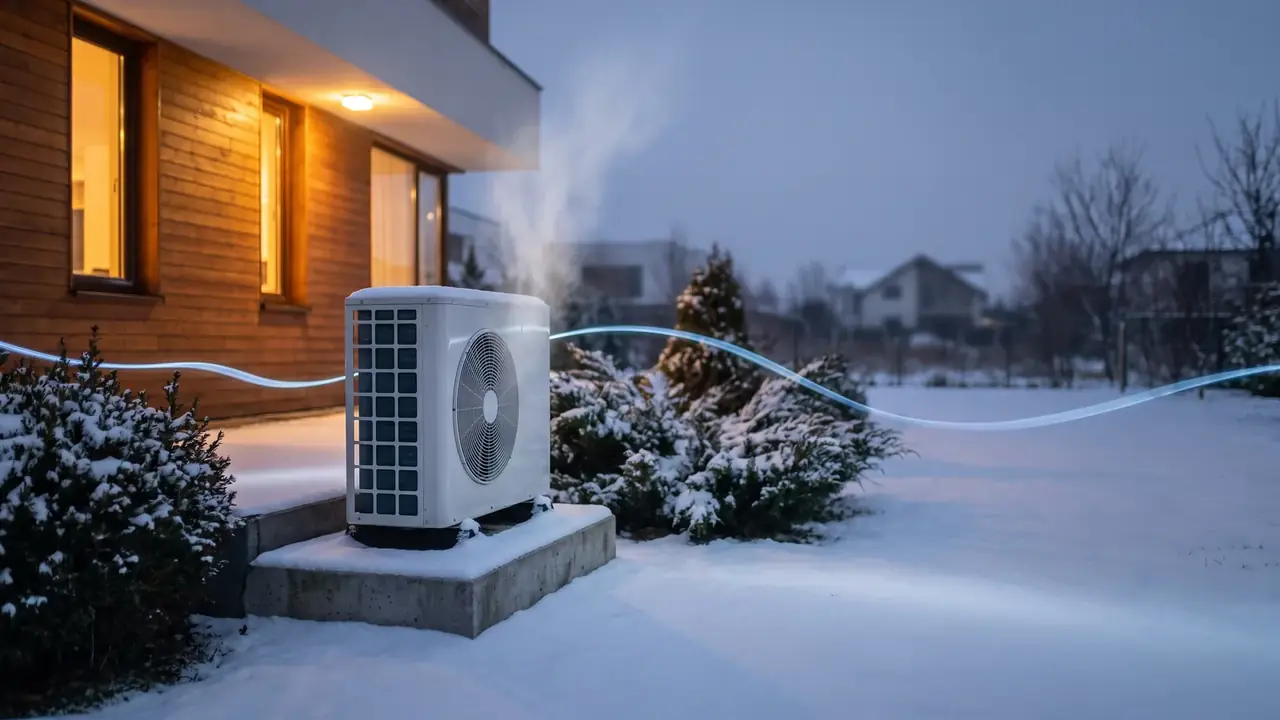 Luft-Wasser-Wärmepumpe an der Wand einer Villa in einem verschneiten Garten, eine Villa im rumänischen Winter heizen