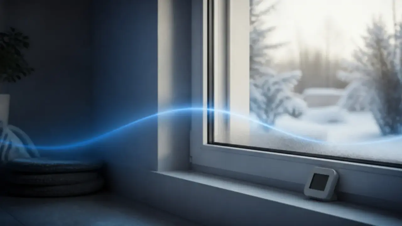 Ein neues Fenster mit Kondenswasser in der Ecke an einem Wintermorgen und ein Hygrometer auf der Fensterbank