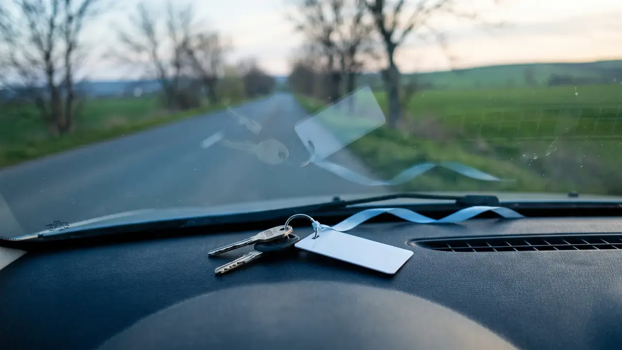 Car keys and a driving licence on a dashboard facing a green suburban road north of Bucharest: Israeli licence in Romania