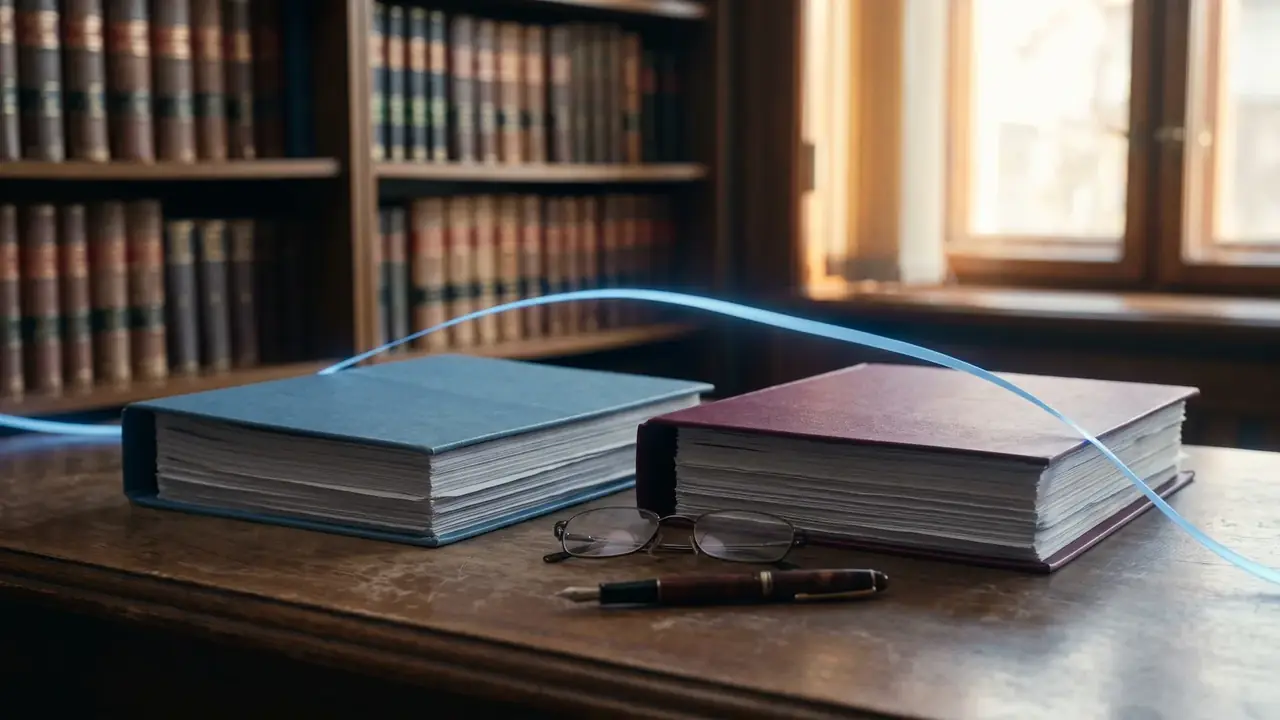 Zwei Mappen mit Rechtsdokumenten, eine Lesebrille und ein Stift auf einem Bürotisch, Wahl eines Anwalts für einen Kauf in Rumänien