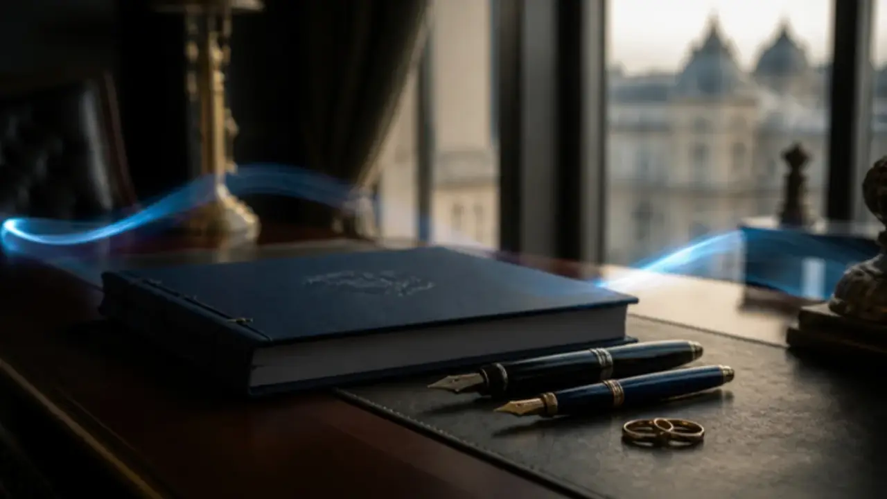 Two pens and two wedding rings beside a notarial deed on a desk