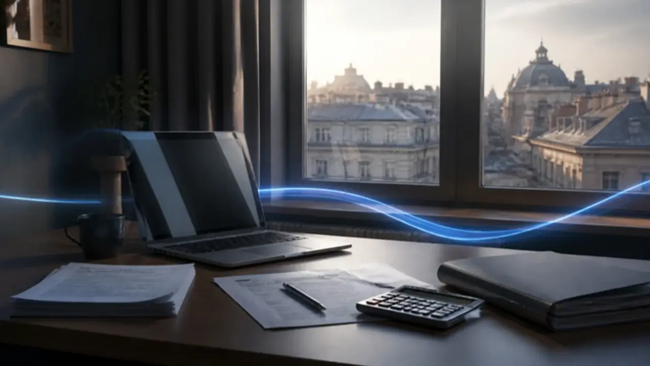 Desk with a laptop, tax returns and a bank folder in a Bucharest office