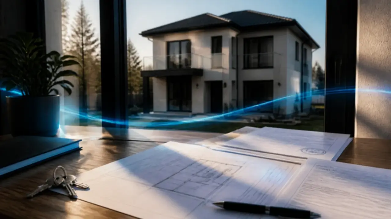 A document folder with a cadastral plan and a reception report on a desk facing a new villa