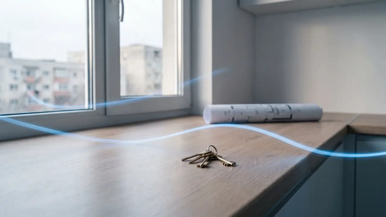 Des clés sur un plan de travail en bois dans un appartement neuf et vide, pour le programme roumain Noua Casă destiné au premier logement
