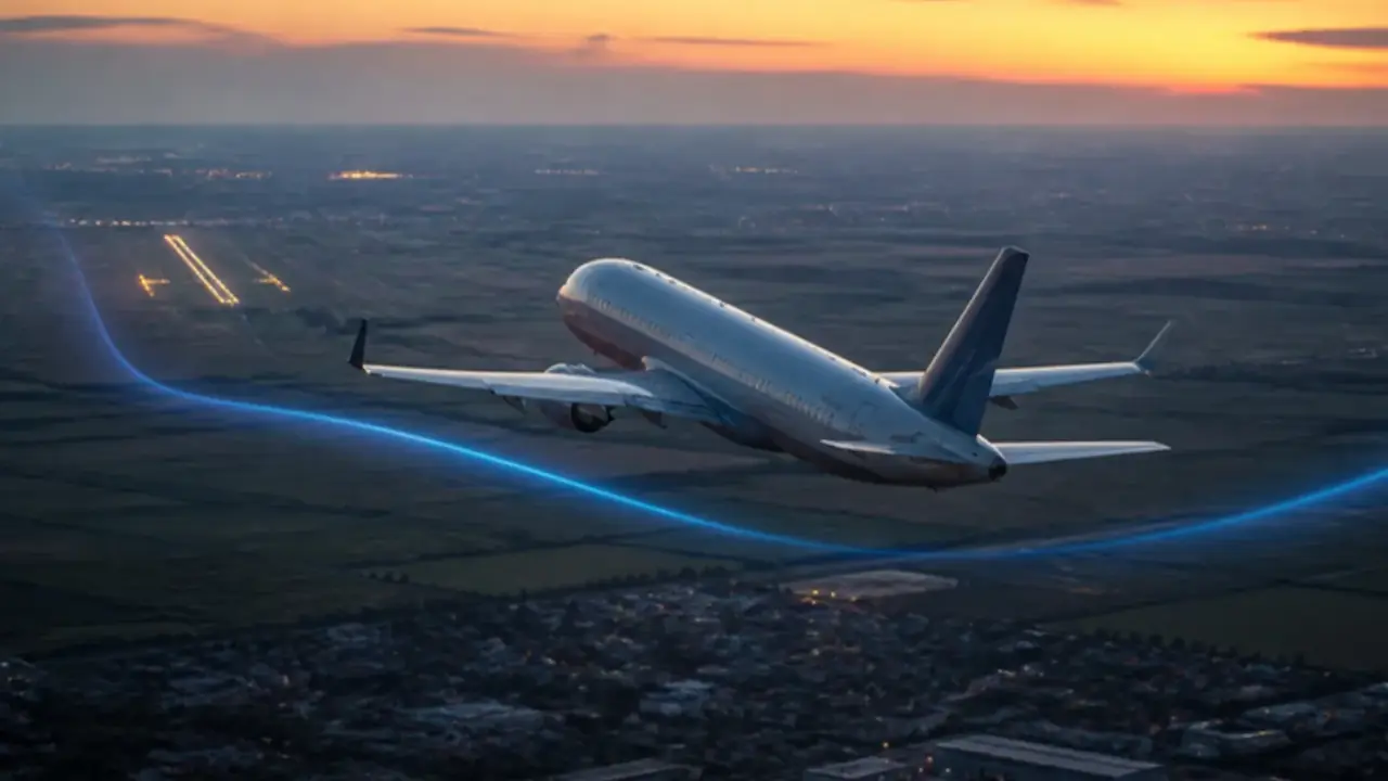Ein Passagierflugzeug startet bei Sonnenuntergang vom Flughafen Henri Coandă