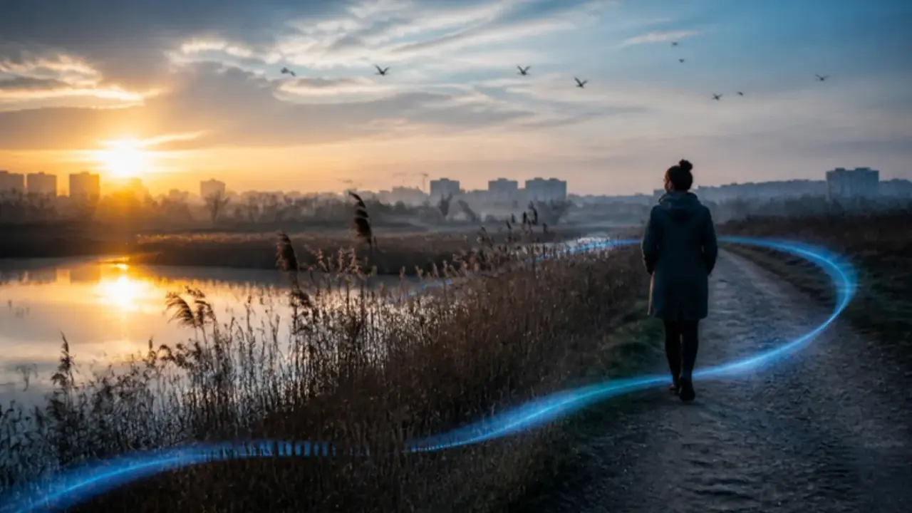 Reeds and water in Văcărești Nature Park with Bucharest apartment blocks on the horizon