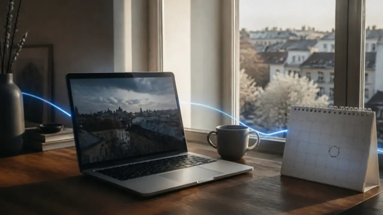 An open laptop on a desk by a window, a calendar marked at the end of March, Bucharest rooftops behind