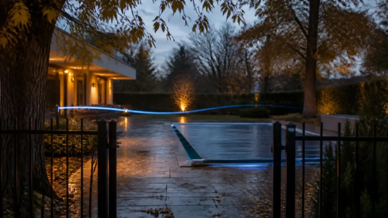 Ein Villenpool unter einer Winterabdeckung in einem Garten bei Bukarest, mit Herbstlaub