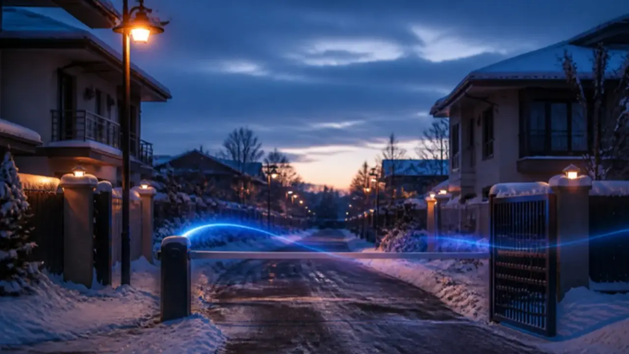 Eine verschneite Privatstraße in einer geschlossenen Villenanlage mit leuchtenden Straßenlaternen und einer Einfahrtsschranke