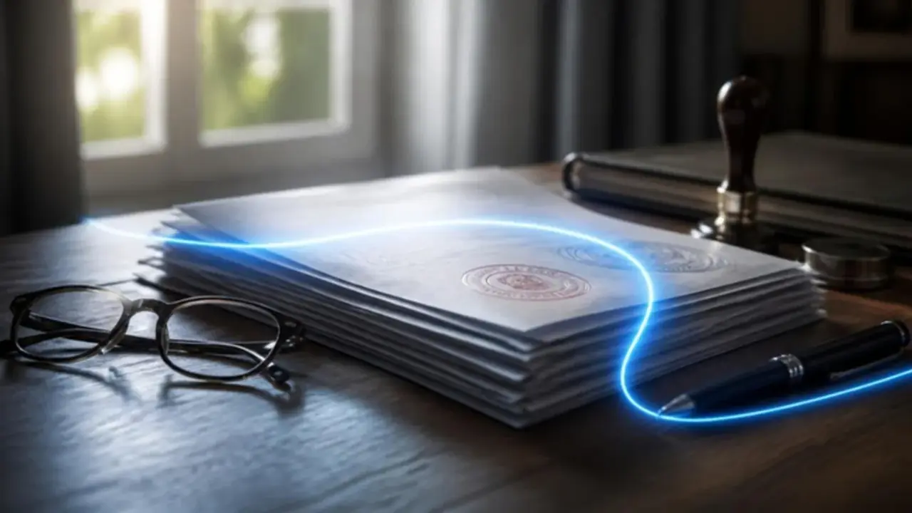 Stamped notarial documents with glasses and a pen