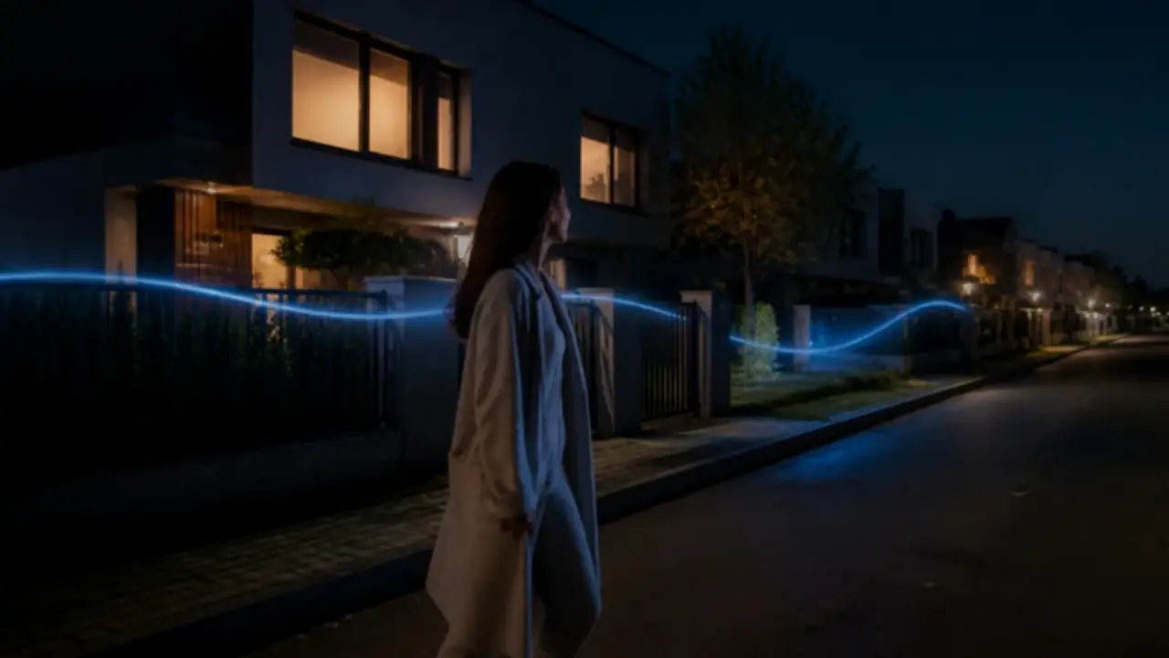 A quiet street of villas in Ilfov at night with a few lit windows