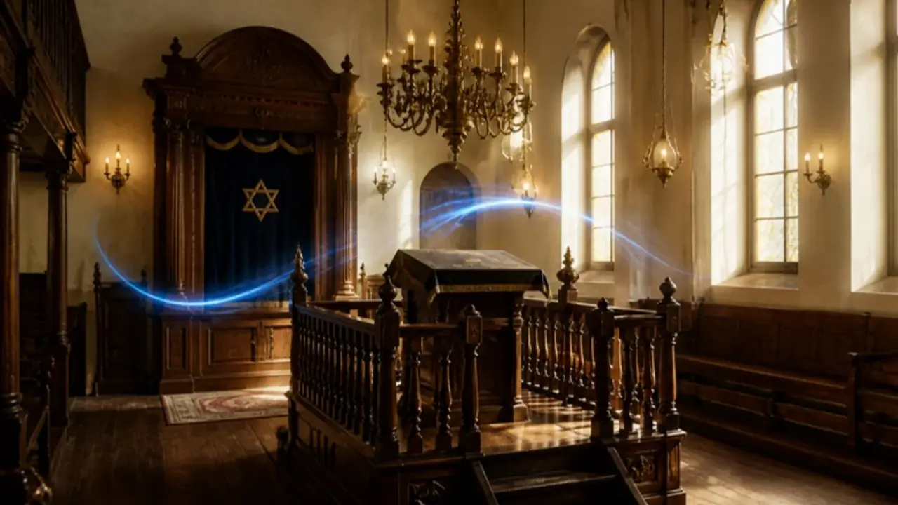 פנים בית כנסת היסטורי בבוקרשט עם ספסלי עץ, ארון קודש ונברשות באור רך