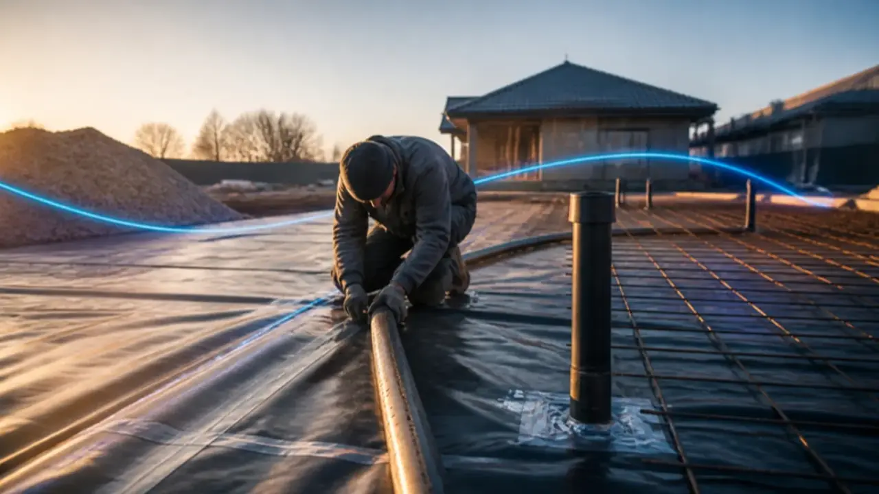 Dalle de fondation d'une maison en construction, avec une membrane étanche et des tuyaux sous le béton