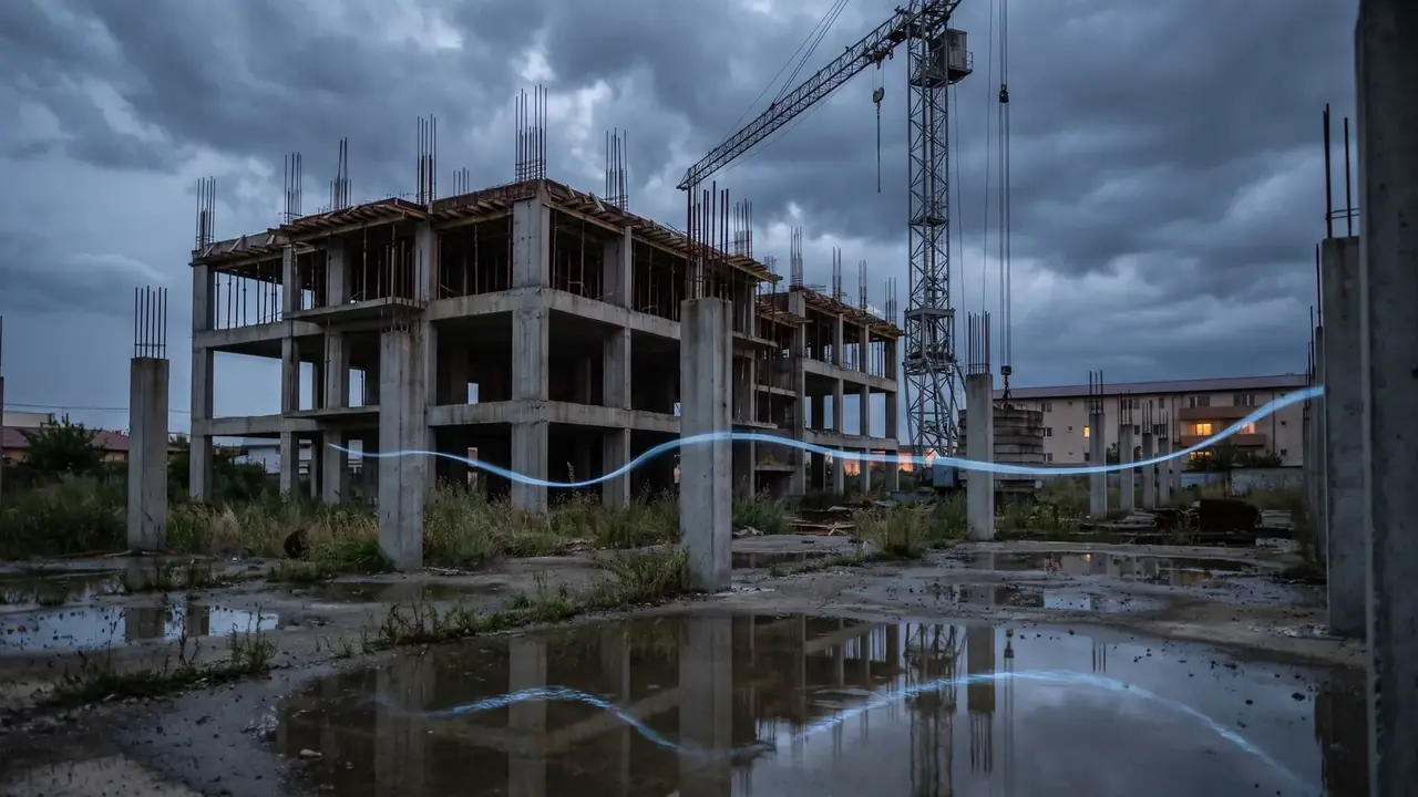 Unfertiger Betonrohbau unter stürmischem Himmel mit einem einzelnen Kran: Warnsignale beim Immobilienkauf im Ausland