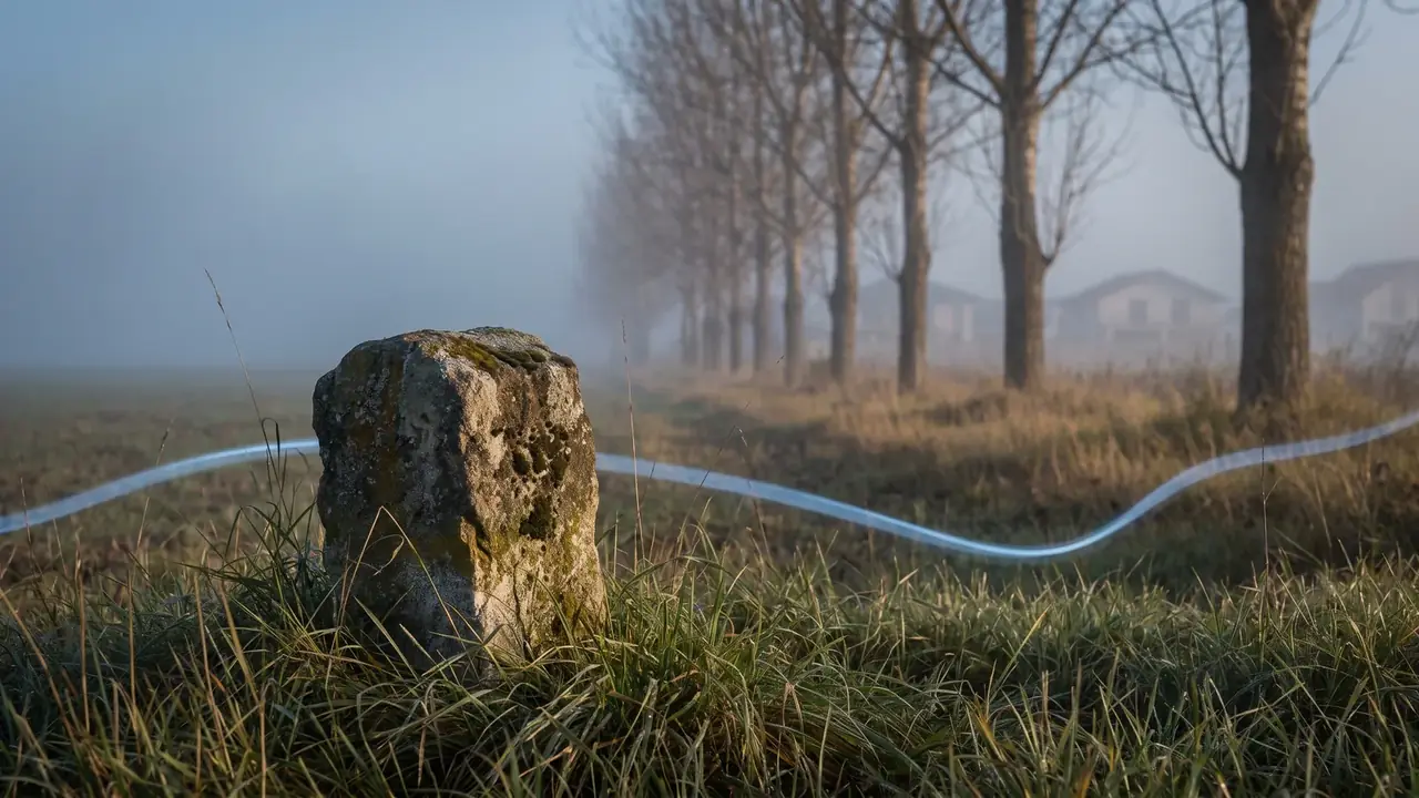 Alter, moosbewachsener Grenzstein auf einem offenen Feld in Ilfov an einem nebligen Morgen: Restitutionsansprüche auf Land in Rumänien