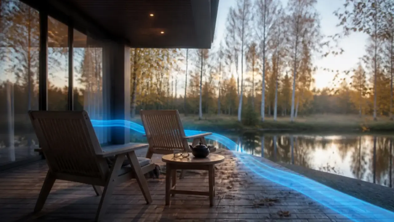 A garden terrace of a house near Bucharest with two chairs and autumn trees
