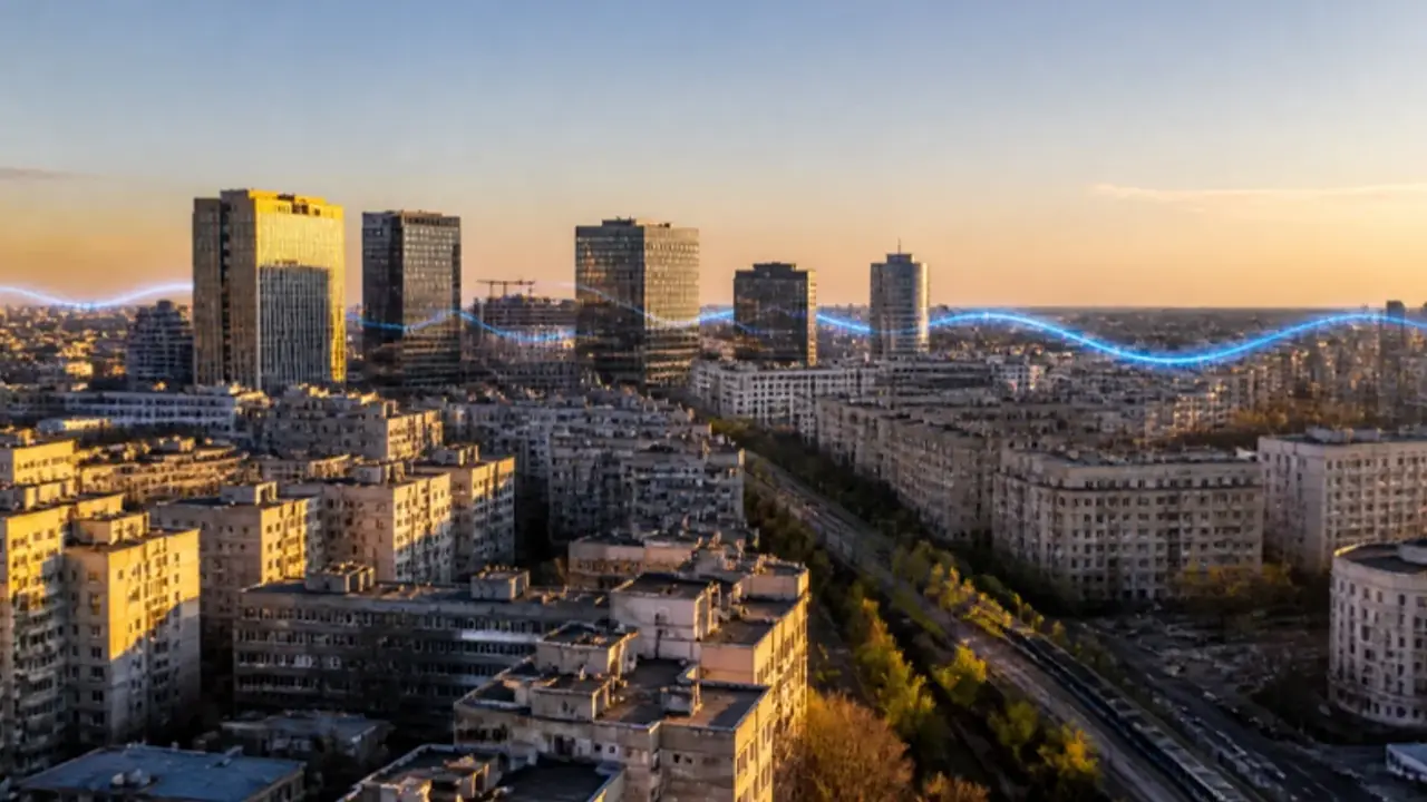 בלוקים של מגורים מתקופת הקומוניזם בבוקרשט, ומאחוריהם מגדלי משרדים מזכוכית בשקיעה