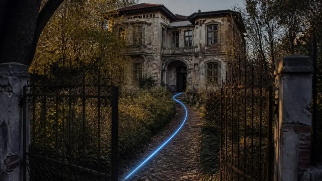 Eine vernachlässigte Villa aus der Zwischenkriegszeit hinter einem Eisentor