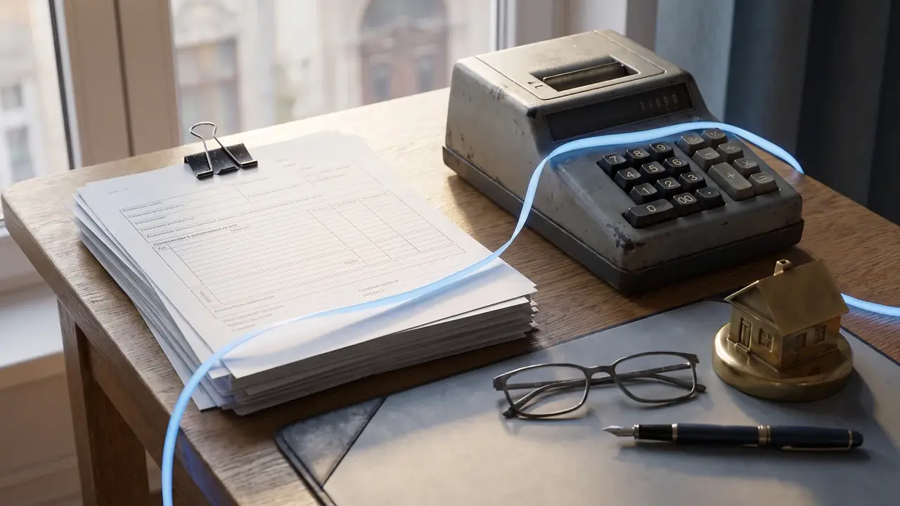 Un bureau avec une pile de formulaires fiscaux, une calculatrice et des lunettes de lecture, pour les changements fiscaux immobiliers de 2026 en Roumanie
