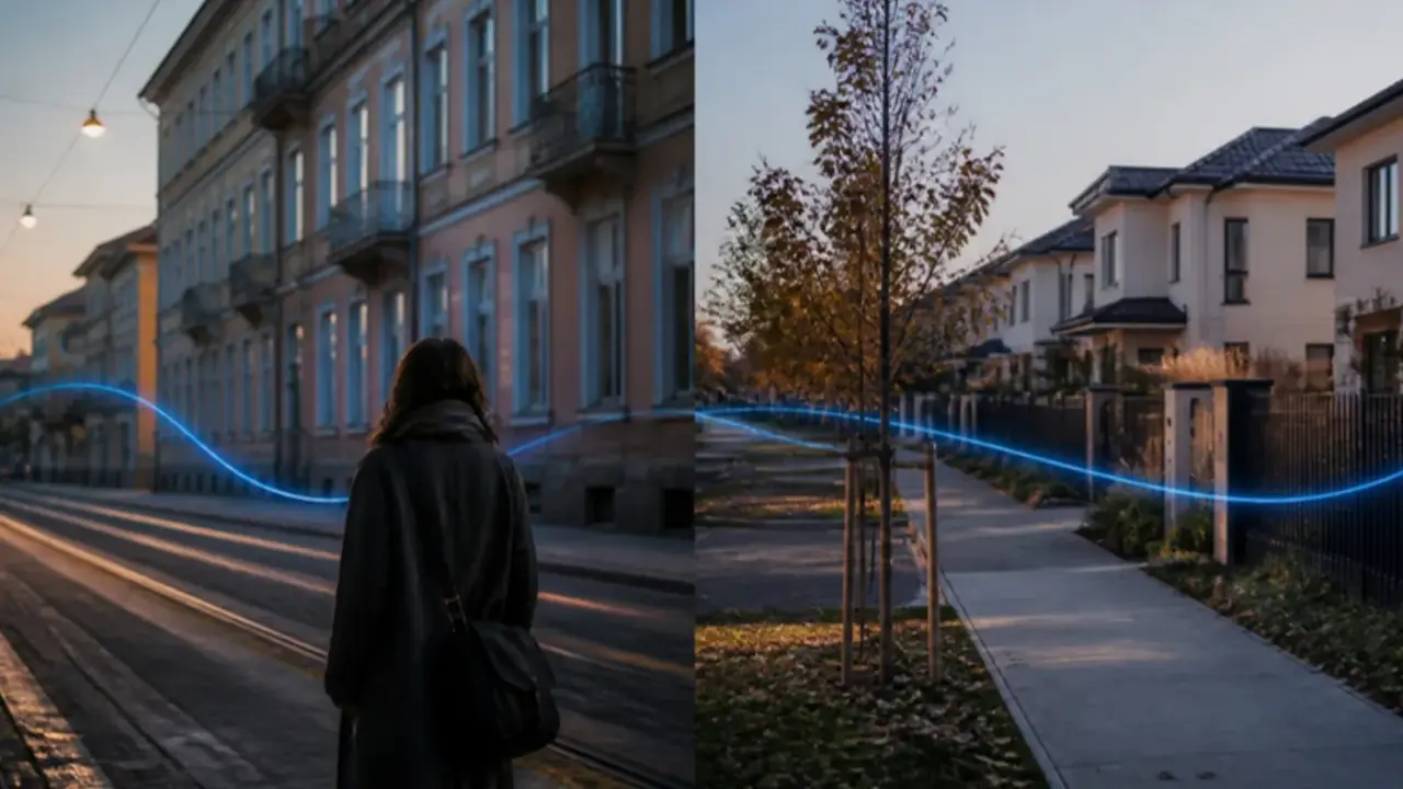 Two residential streets side by side, a Polish city street and a Bucharest suburban street