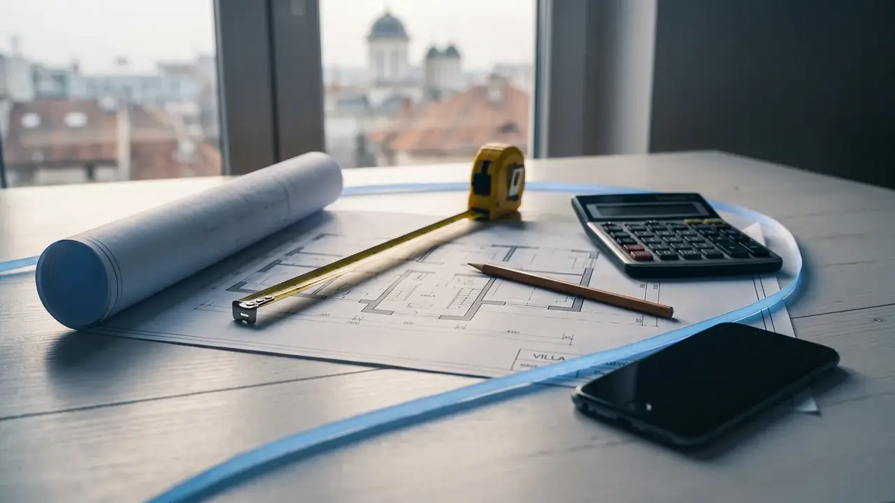 Villa floor plan with a yellow measuring tape and pencil on a desk: reading Romanian property ads and area terms