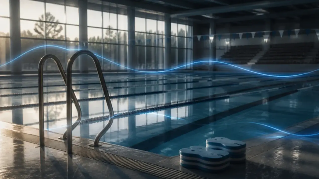 An empty indoor 50-metre pool with lane ropes, ready for a children's swimming lesson
