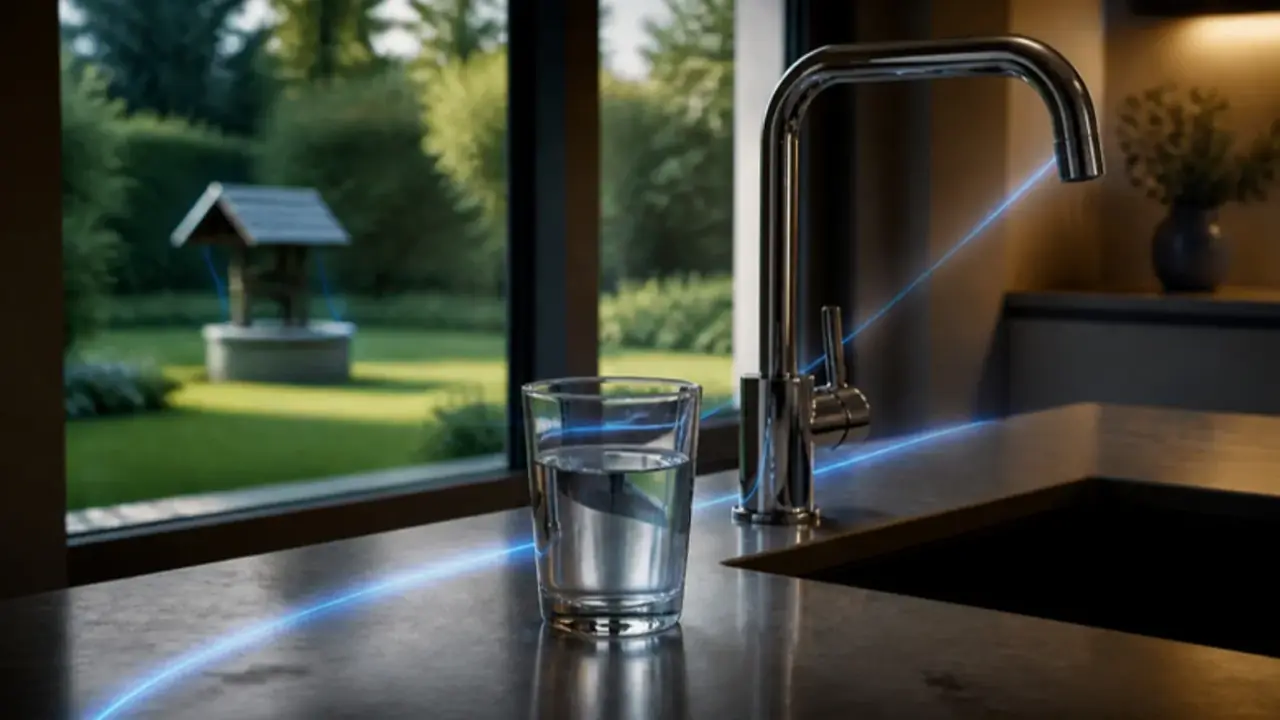 Un verre d'eau près du robinet de la cuisine d'une villa près de Bucarest